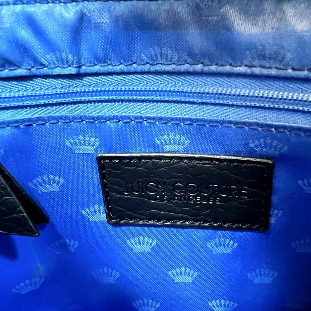 Juicy Couture Los Angeles Black‎ Studded Faux Leather Shoulder Bag Blue Lining